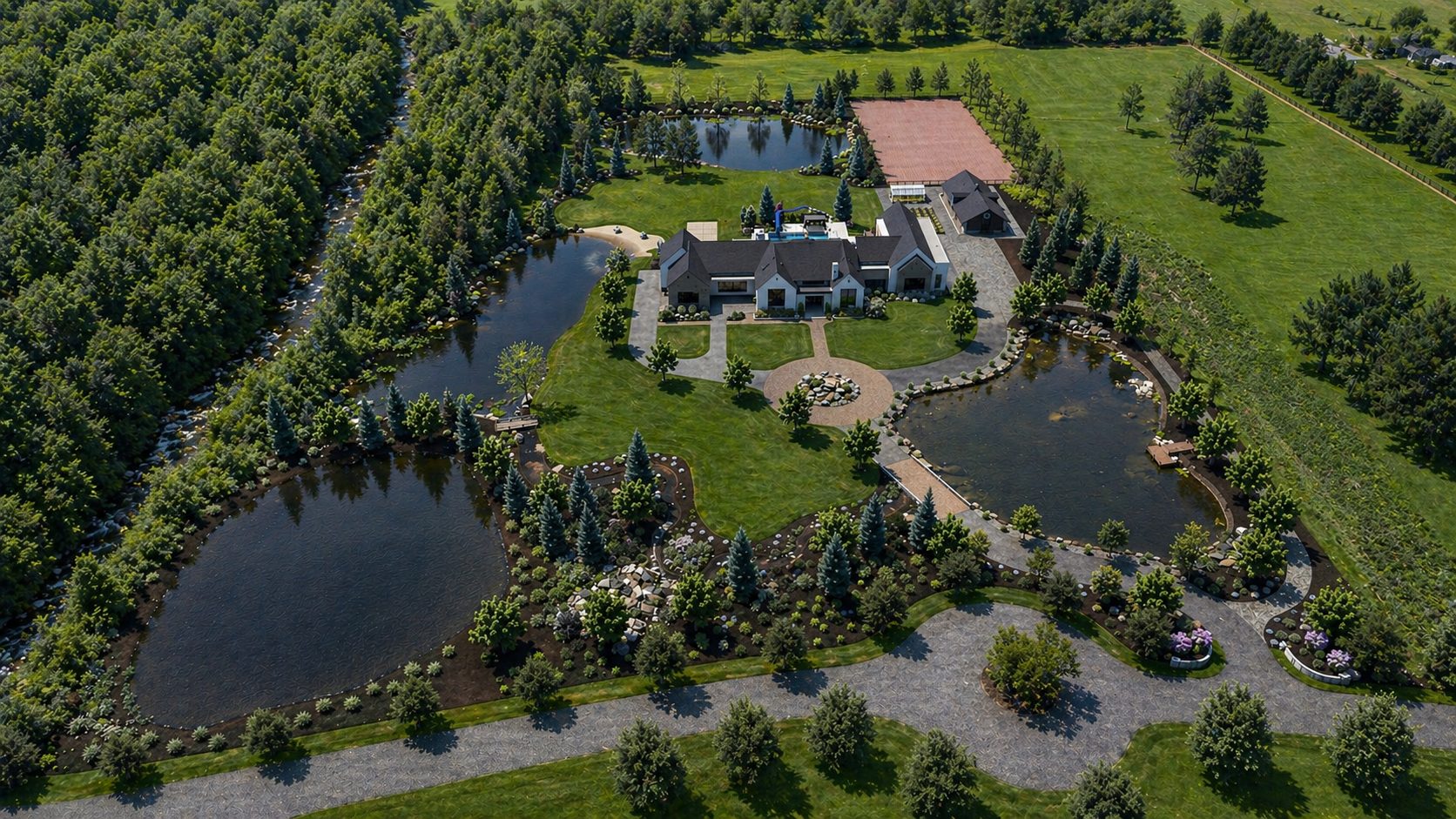 Aerial view of Riverland Estate showing three spring-fed ponds